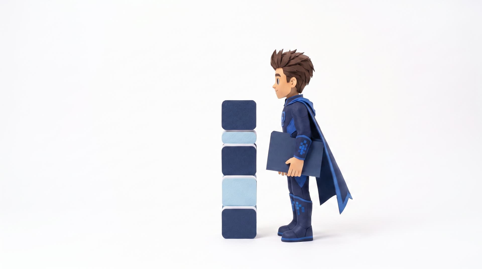 Papercraft hero standing beside a ranked column of carrier cards