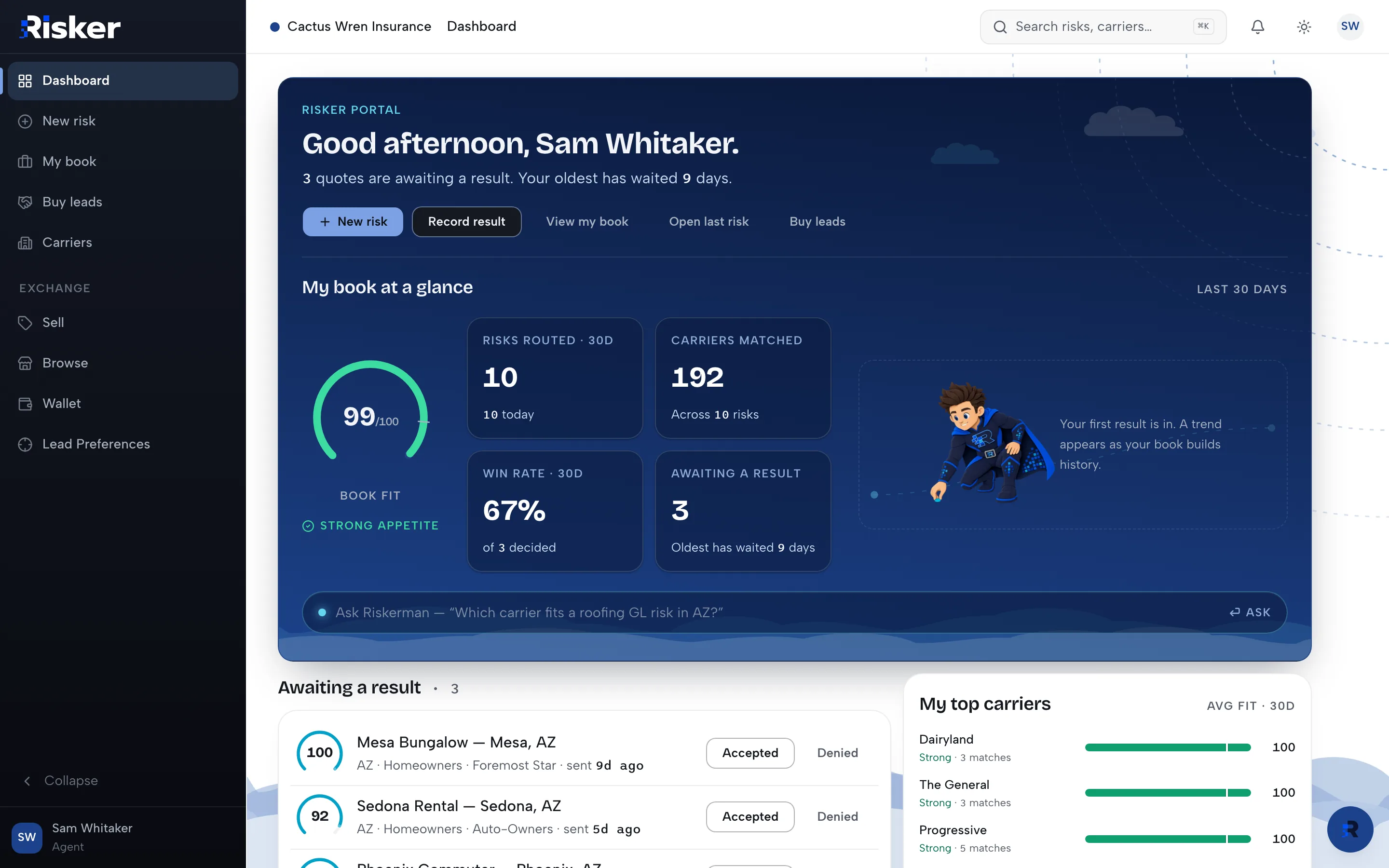 Risker dashboard — a book of risks with verdicts recorded