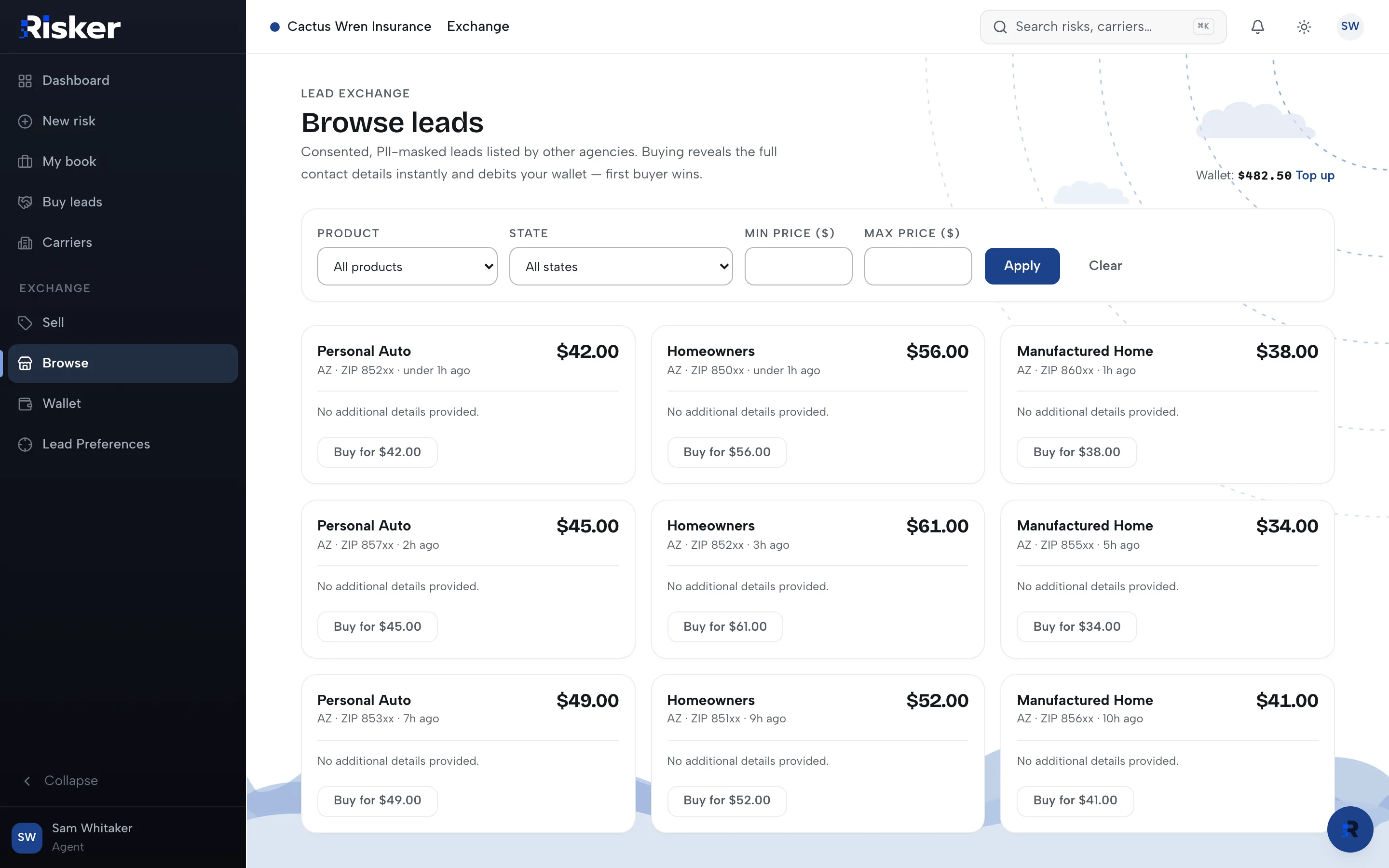 Exchange: a live lead with consent status and the buyer round