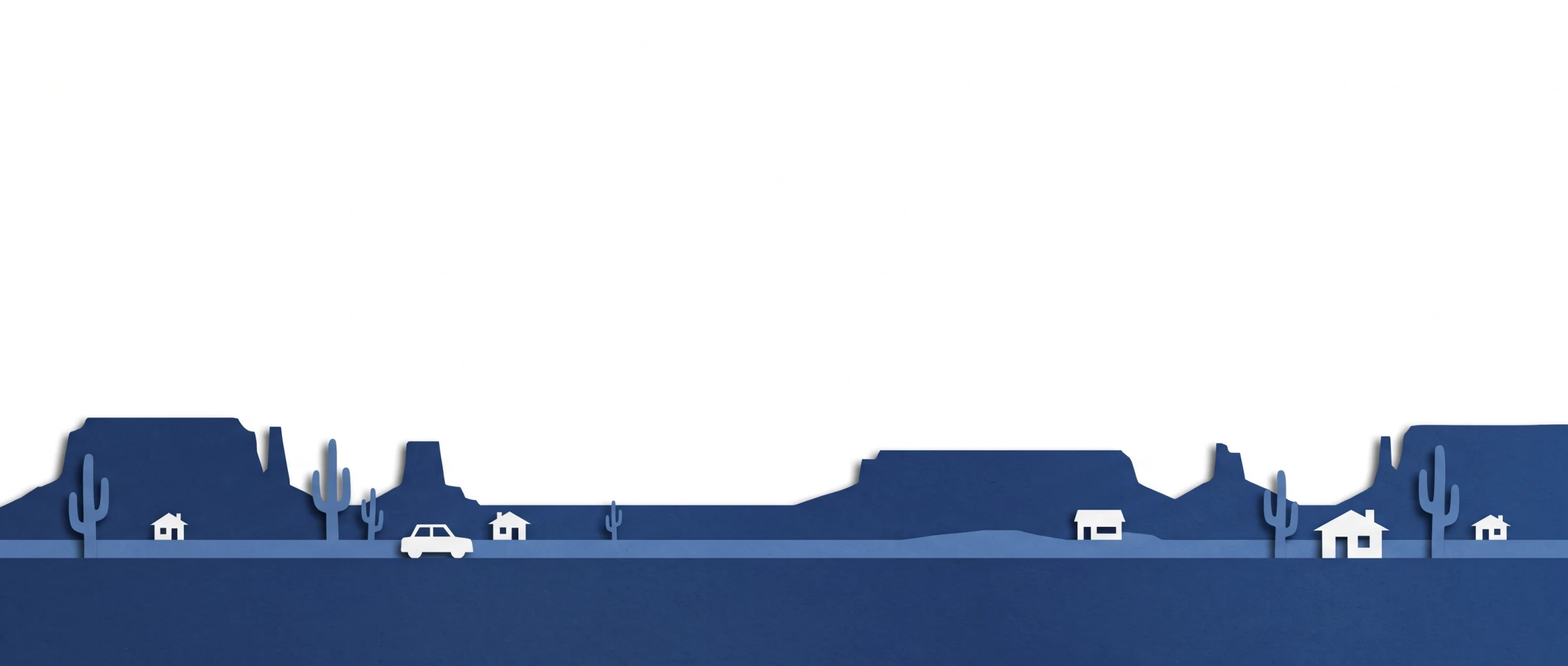 Paper-cut Arizona horizon: mesas, saguaros, a car, houses and a manufactured home