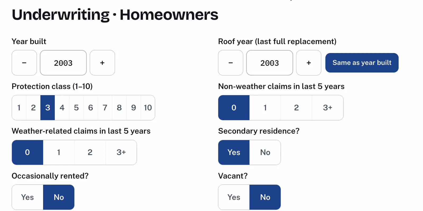 Risker's homeowners underwriting step: year built 2003, roof the same year, protection class 3, no claims, secondary residence yes