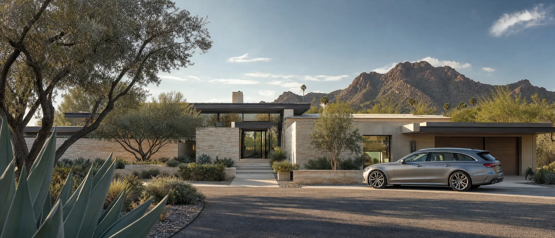 Illustrative Arizona home, mountain landscape and parked silver car