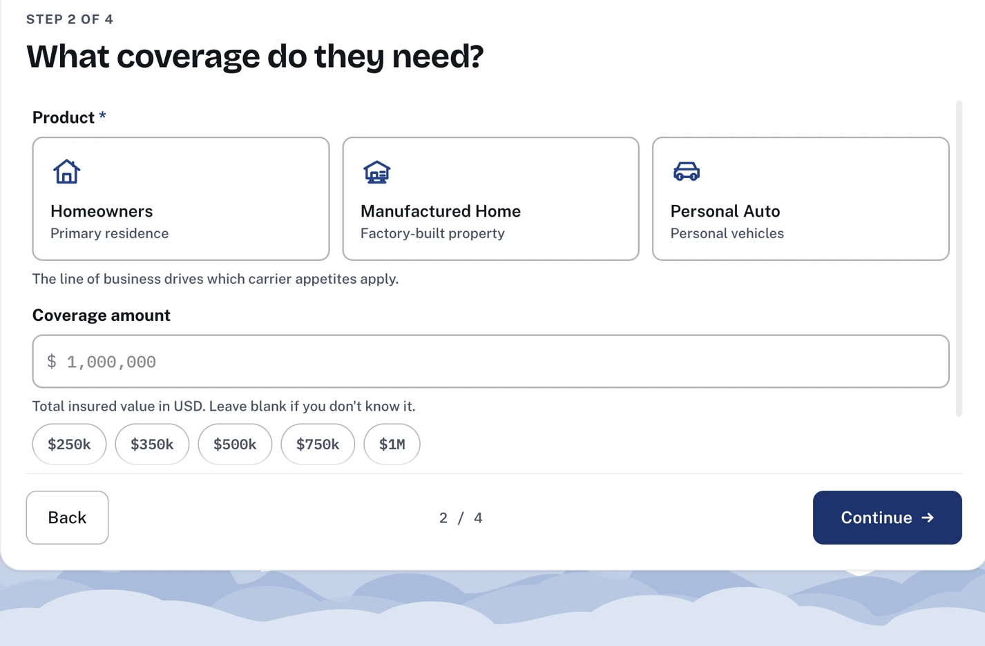 Risker's live coverage screen showing Homeowners, Manufactured Home and Personal Auto