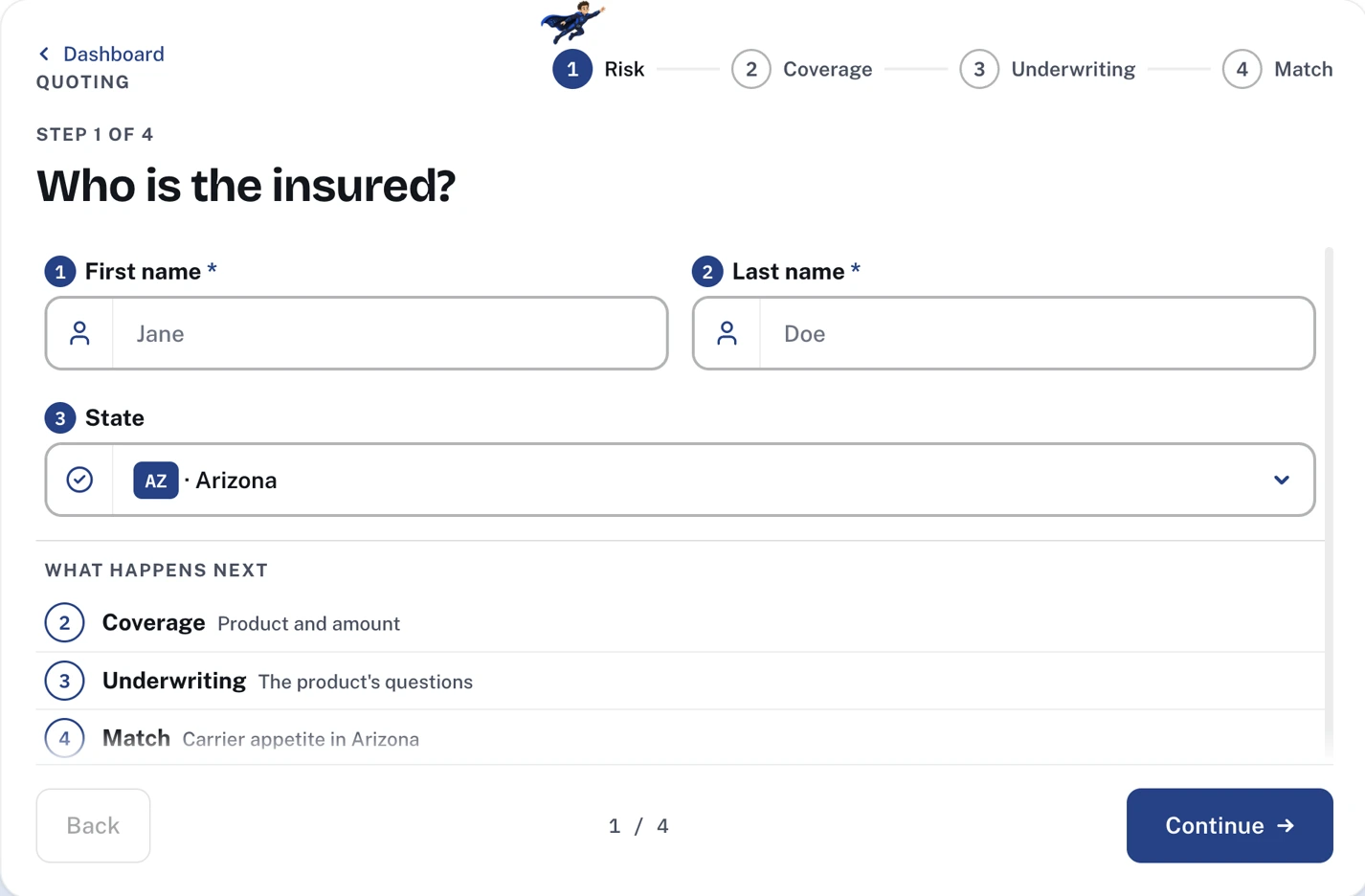 Risker's live new-risk screen, with first name, last name and Arizona state fields