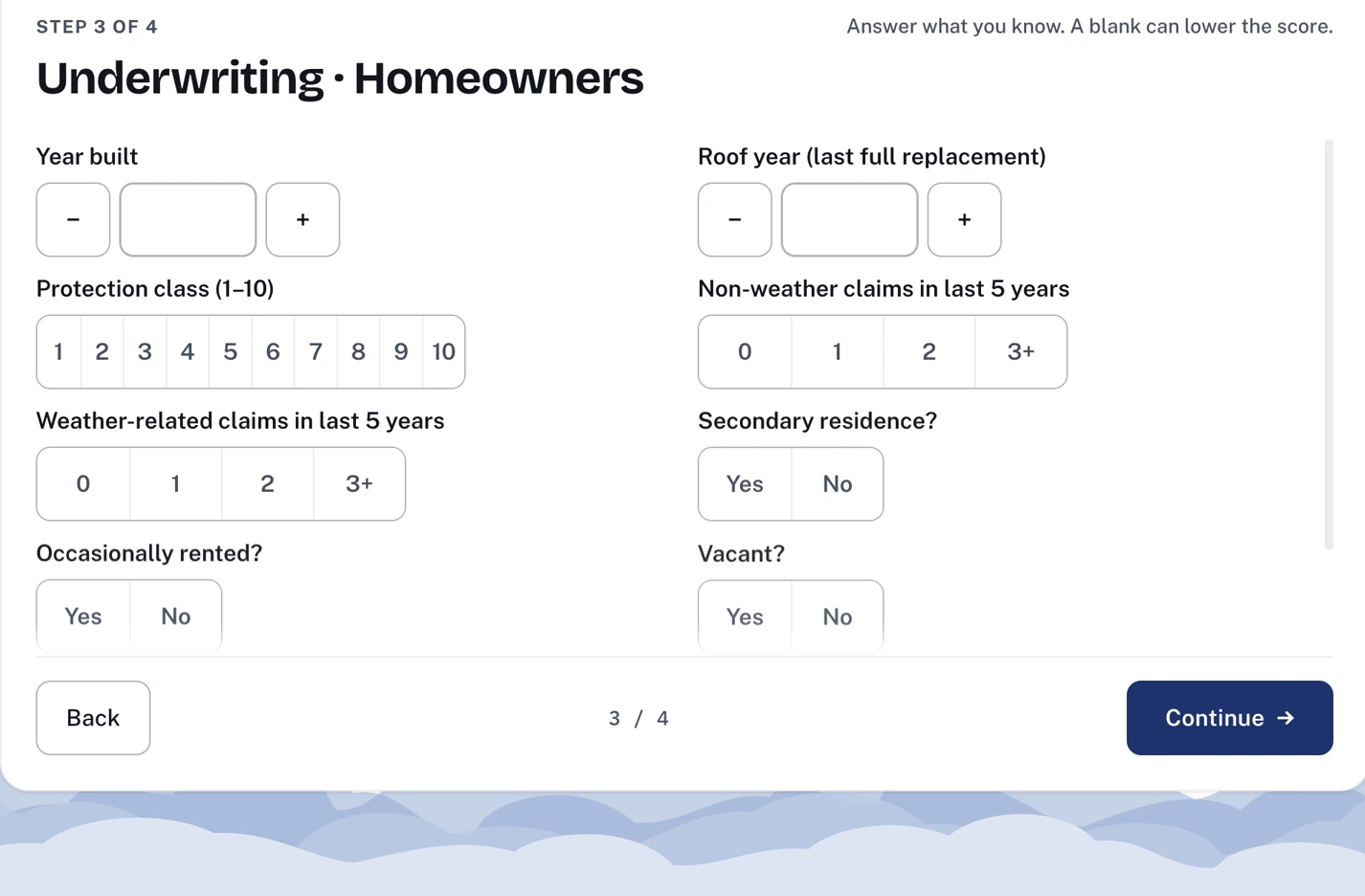 Risker's live homeowners underwriting screen with year built, roof year and claims questions