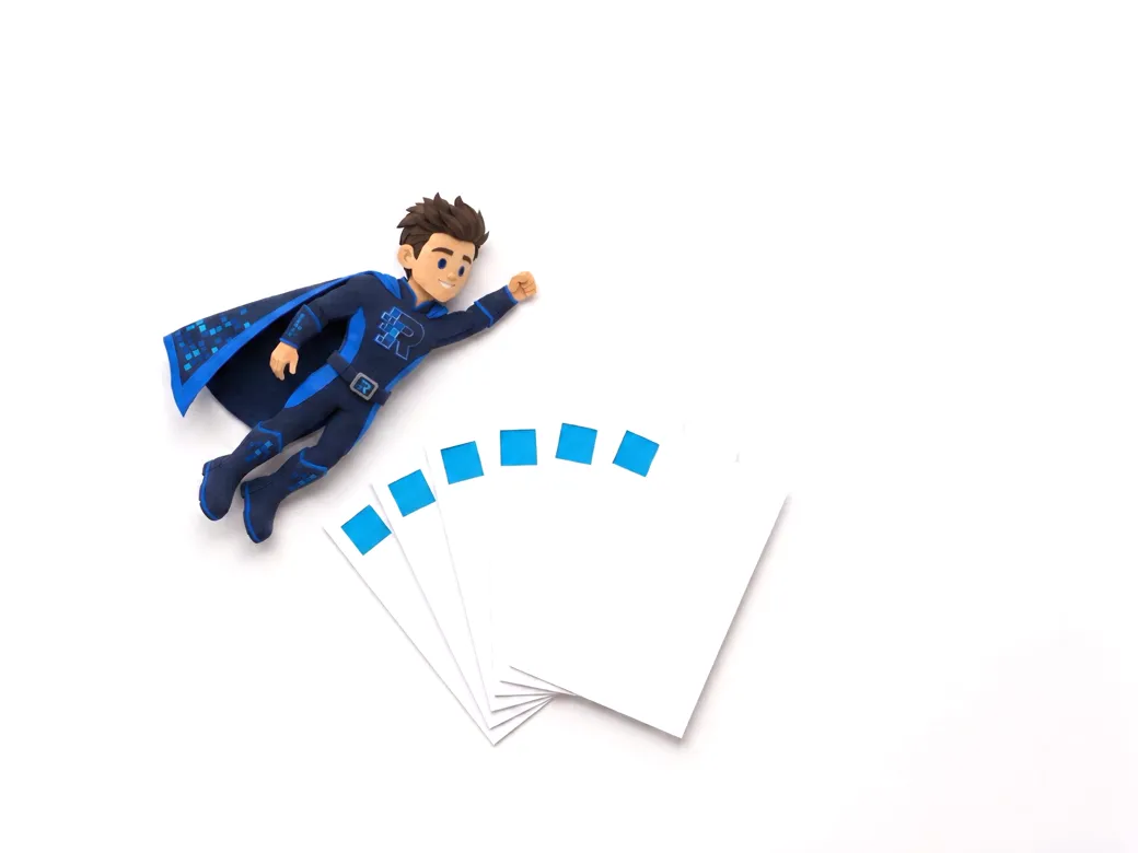Riskerman flying over a fan of paper cards